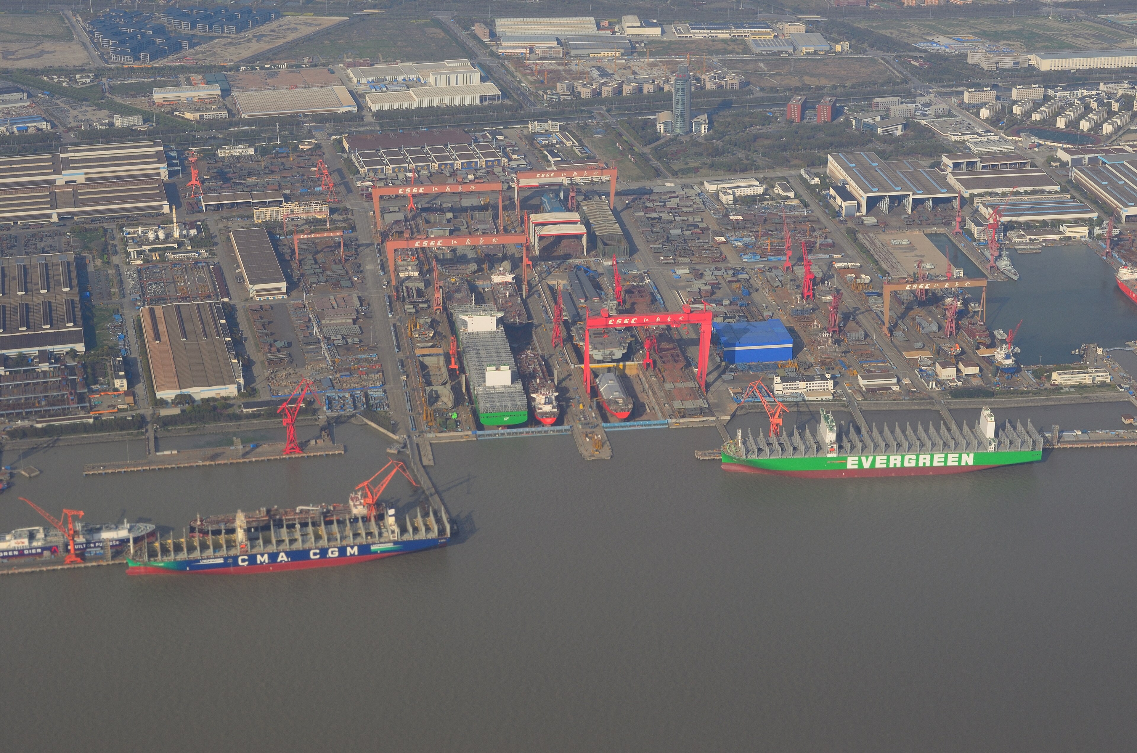 Jiangnan Shipyard on Changxing Island, Shanghai, one of the centres of China’s vast shipbuilding industry. The industrial depth behind China’s military expansion — shipyards, steel, electronics, machinery and skilled labour could become a decisive advantage in a prolonged war of attrition. Photo: Raysonho