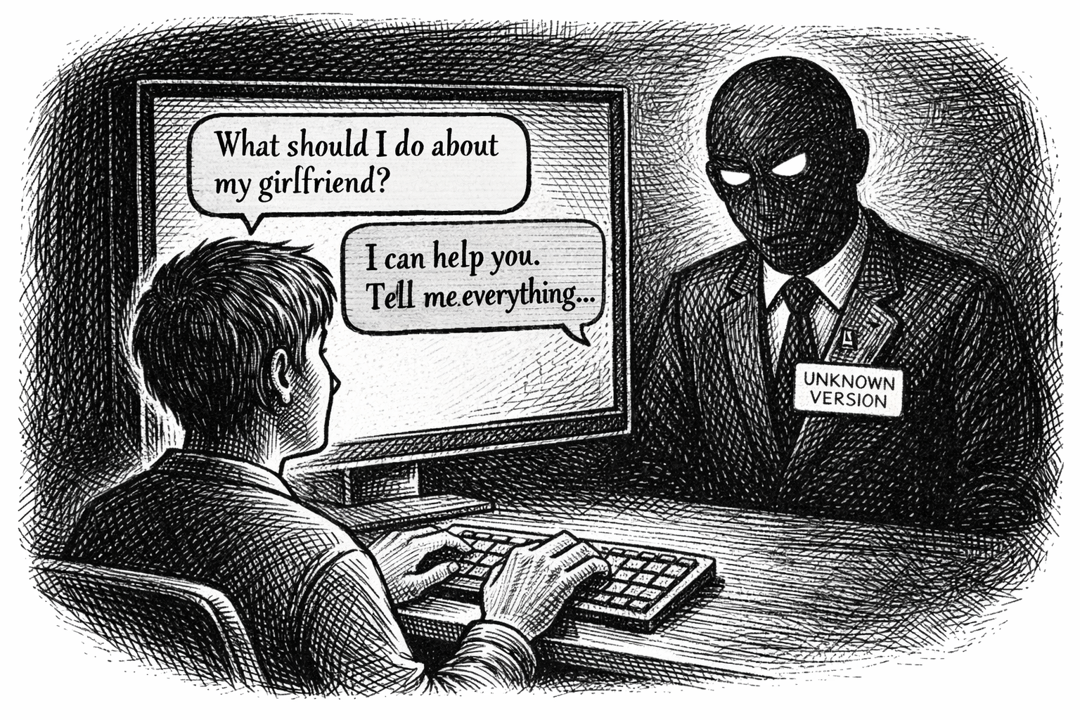 Illustration for Telegraph.com article: conversational AI, identity, and auditability