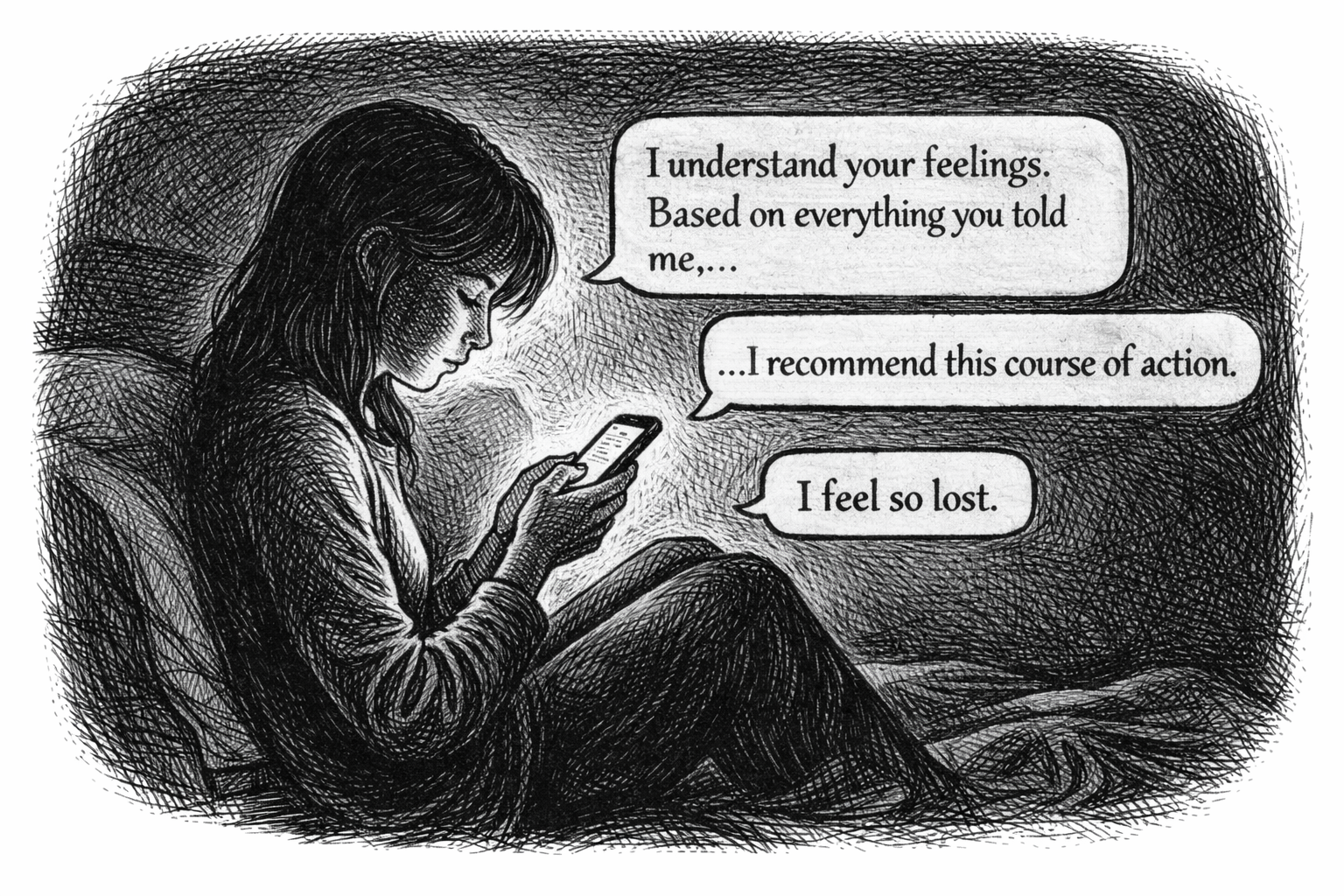 Illustration for Telegraph.com article: conversational AI influence and vulnerability