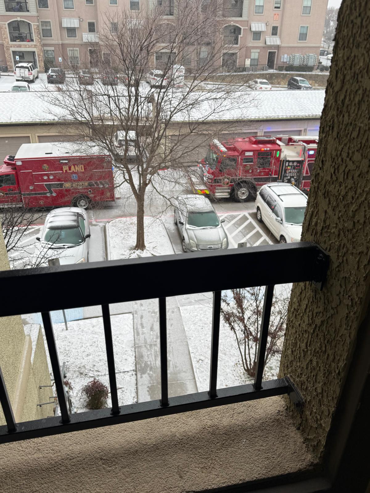 Fire trucks responding to winter storm incidents in Plano, Texas