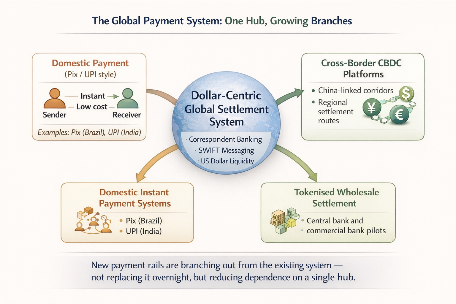 Comparison of fast domestic payment systems like Pix and UPI versus slow traditional cross border payments with multiple intermediaries