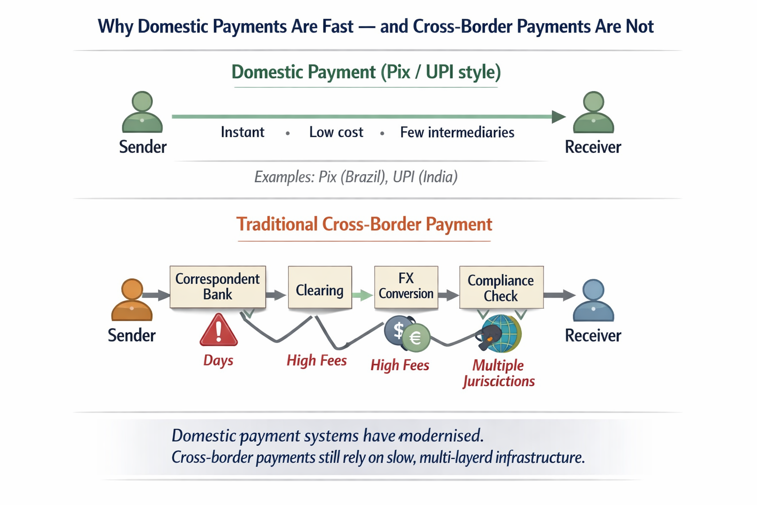 Comparison graphic showing a single dominant settlement rail evolving into multiple parallel routes representing dollar settlement, CBDC trade corridors, and regional payment systems