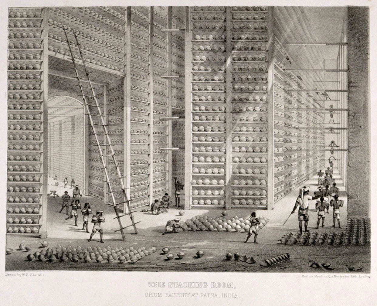 Historic illustration showing opium preparation for export during the British colonial period
