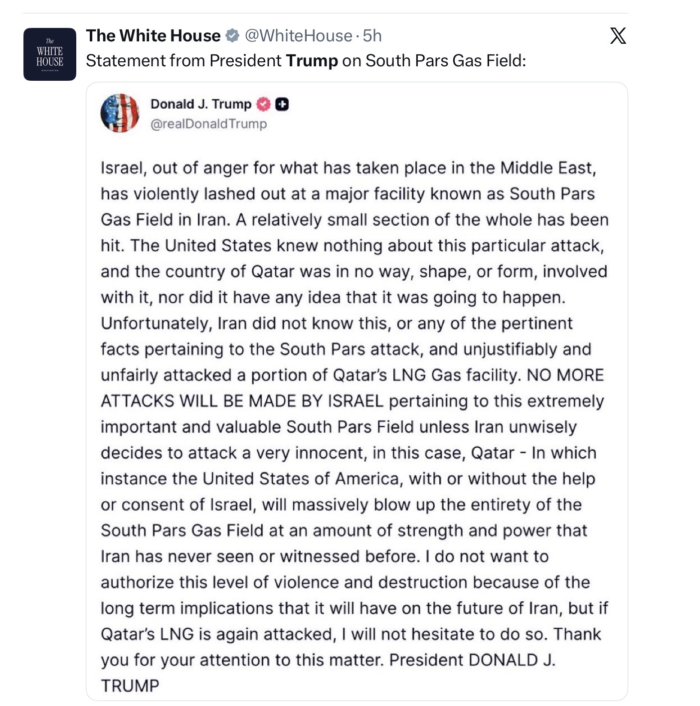 Statement regarding South Pars strike and escalation warning